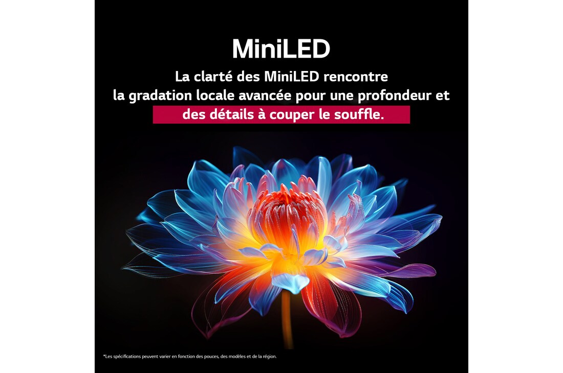 Une fleur holographique en 3D, affichant de nombreuses nuances et teintes, sur un fond noir. La définition et les détails de la fleur mettent en valeur la capacité du QNED MiniLED à produire des visuels avec des couleurs exceptionnelles, une luminosité intense et un contraste remarquable. Le titre explique comment MiniLED améliore la clarté et fournit un contraste exceptionnel.