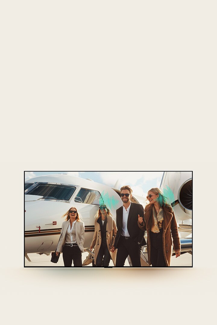 Un groupe de personnes marchant sur une piste d’aéroport. Avec un avion derrière elles. On dirait que le groupe vient de descendre de l’avion et que les moteurs tournent encore. Des ondes sonores abstraites proviennent de certaines personnes qui parlent, ce qui montre qu'en dépit d'un bruit de fond important, les voix peuvent être facilement entendues et comprises grâce à Al Voice Remastering.