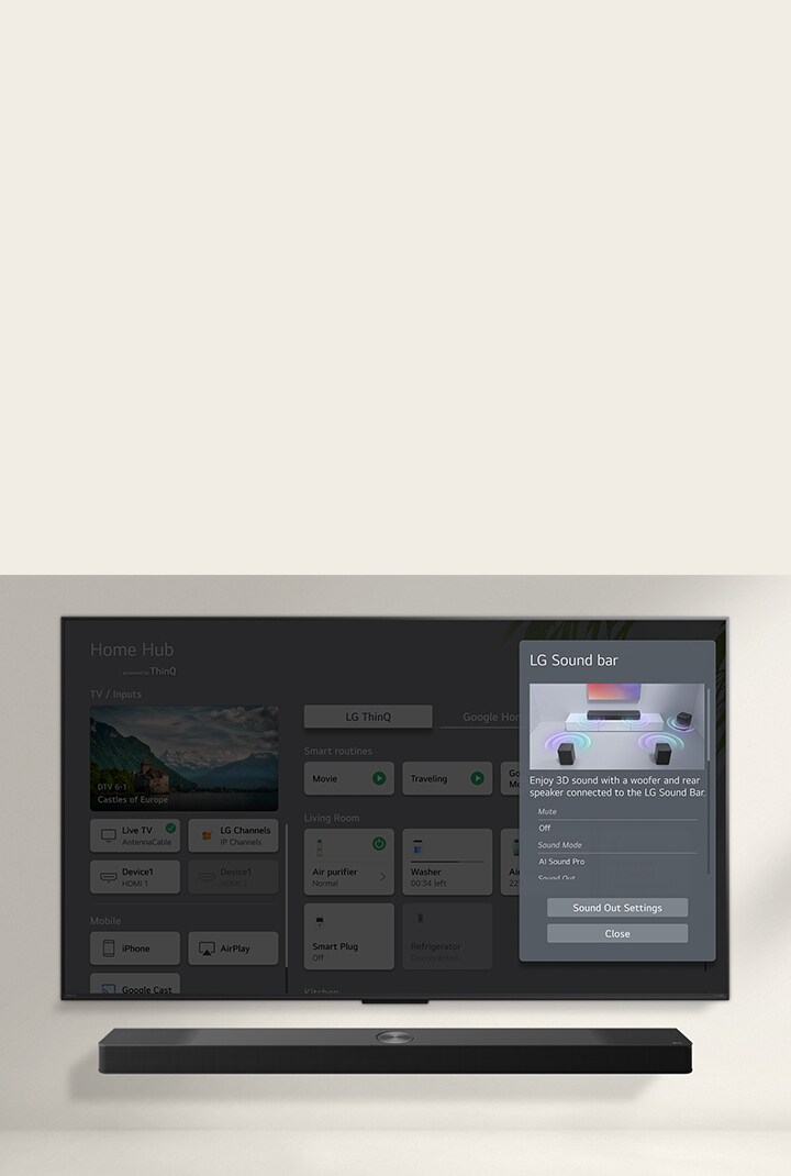 La barre de son de LG se trouve en dessous d’un LG QNED TV. Sur l’écran du téléviseur se trouve l’interface utilisateur de la barre de son et des commandes de volume du téléviseur.