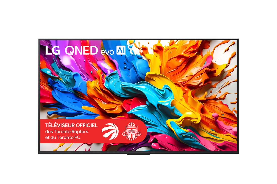 Vue de face du téléviseur LG QNED evo AI QNED9M Logo LG QNED evo AI dans le coin supérieur. Le téléviseur LG QNED evo présente des textures colorées rappelant une peinture en mouvement. La boîte Zero Connect dans le coin avec le titre : boîtier Zero Connect avec transfert vidéo et audio sans fil 4K 144Hz.
