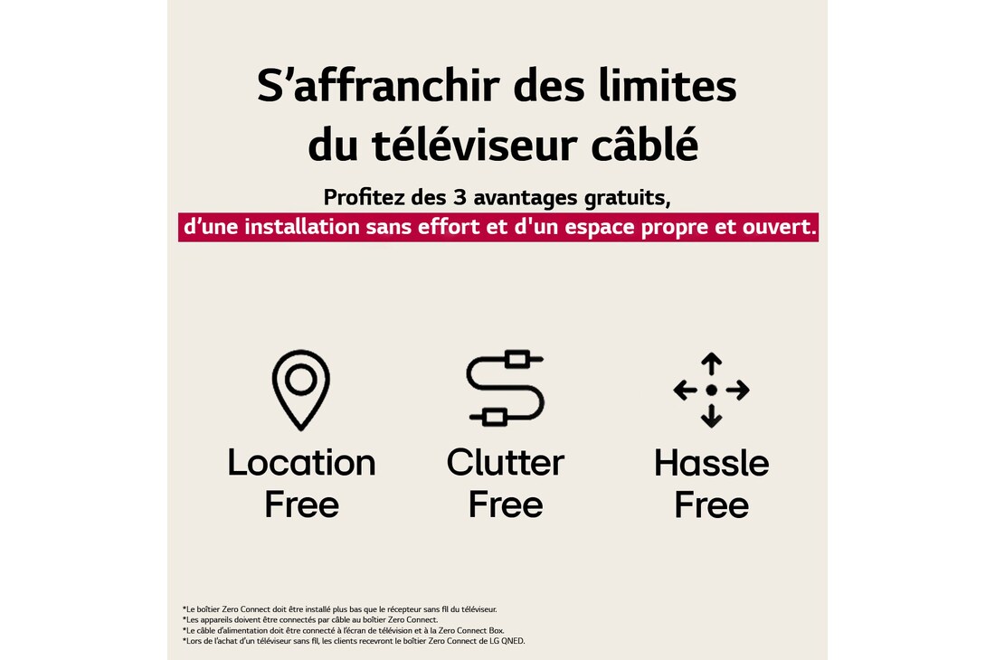 Trois icônes représentant les trois avantages gratuits du téléviseur sans fil de LG. Sans emplacement, sans encombrement, sans tracas. Le texte parle de s’affranchir des limites du téléviseur filaire et de profiter d’une installation sans effort et d’un espace propre et ouvert.