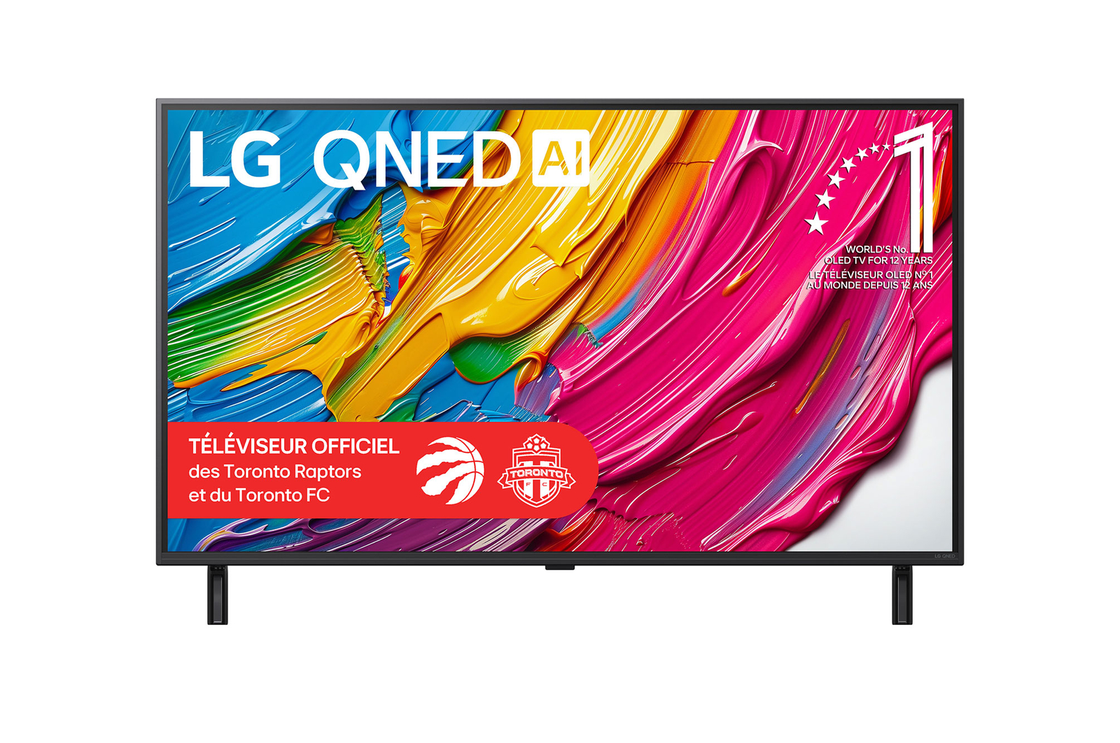 Vue avant du LG QNED80 TV, avec le logo LG QNED AI dans le coin supérieur. Le LG QNED TV présente des textures colorées rappelant une peinture en mouvement.