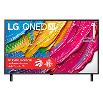 Vue avant du LG QNED80 TV, avec le logo LG QNED AI dans le coin supérieur. Le LG QNED TV présente des textures colorées rappelant une peinture en mouvement.
