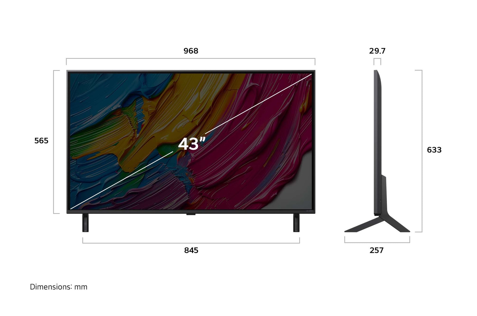 Vue avant et vue latérale du téléviseur smart 4K LG QNED AI QNED80, illustrant ses dimensions en longueur, largeur, hauteur et profondeur.