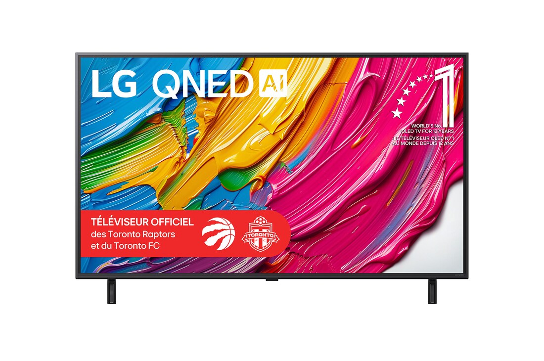 Vue avant du LG QNED80 TV, avec le logo LG QNED AI dans le coin supérieur. Le LG QNED TV présente des textures colorées rappelant une peinture en mouvement.