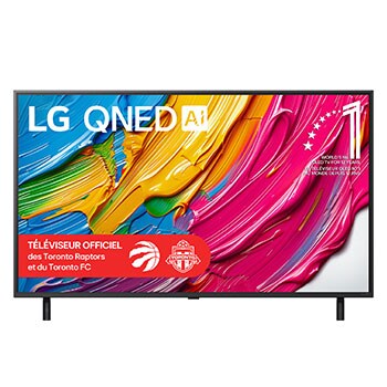Vue avant du LG QNED80 TV, avec le logo LG QNED AI dans le coin supérieur. Le LG QNED TV présente des textures colorées rappelant une peinture en mouvement.