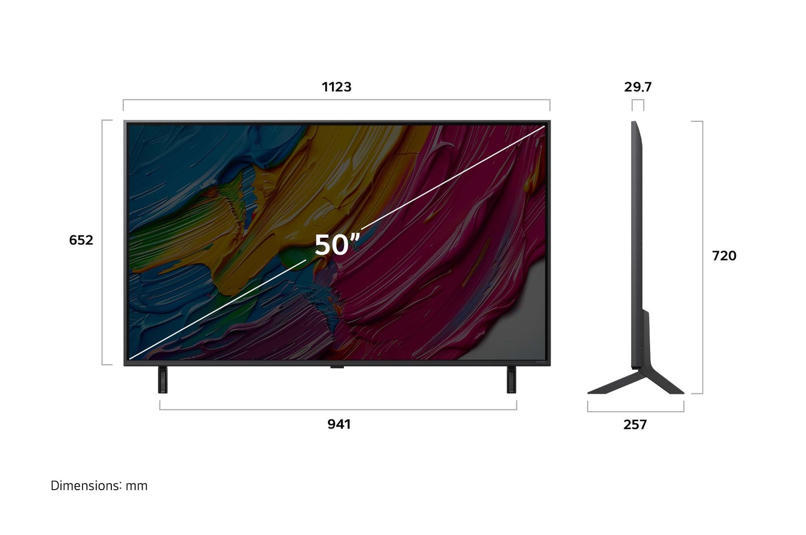Vue avant et vue latérale du téléviseur smart 4K LG QNED AI QNED80, illustrant ses dimensions en longueur, largeur, hauteur et profondeur.