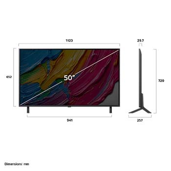 Vue avant et vue latérale du téléviseur smart 4K LG QNED AI QNED80, illustrant ses dimensions en longueur, largeur, hauteur et profondeur.