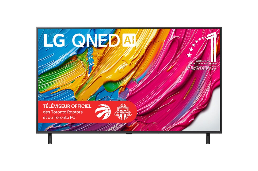 Vue avant du LG QNED80 TV, avec le logo LG QNED AI dans le coin supérieur. Le LG QNED TV présente des textures colorées rappelant une peinture en mouvement.