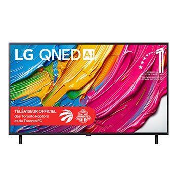 Vue avant du LG QNED80 TV, avec le logo LG QNED AI dans le coin supérieur. Le LG QNED TV présente des textures colorées rappelant une peinture en mouvement.