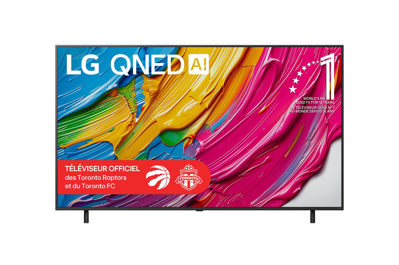 Vue avant du LG QNED80 TV, avec le logo LG QNED AI dans le coin supérieur. Le LG QNED TV présente des textures colorées rappelant une peinture en mouvement.
