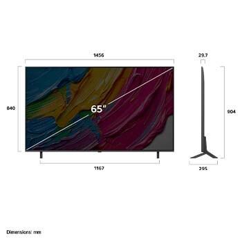 Vue avant et vue latérale du téléviseur smart 4K LG QNED AI QNED80, illustrant ses dimensions en longueur, largeur, hauteur et profondeur.