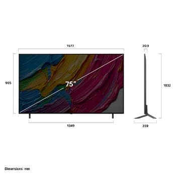 Vue avant et vue latérale du téléviseur smart 4K LG QNED AI QNED80, illustrant ses dimensions en longueur, largeur, hauteur et profondeur.