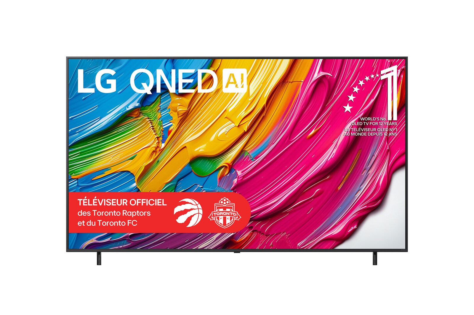 Vue avant du LG QNED80 TV, avec le logo LG QNED AI dans le coin supérieur. Le LG QNED TV présente des textures colorées rappelant une peinture en mouvement.
