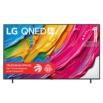 Vue avant du LG QNED80 TV, avec le logo LG QNED AI dans le coin supérieur. Le LG QNED TV présente des textures colorées rappelant une peinture en mouvement.
