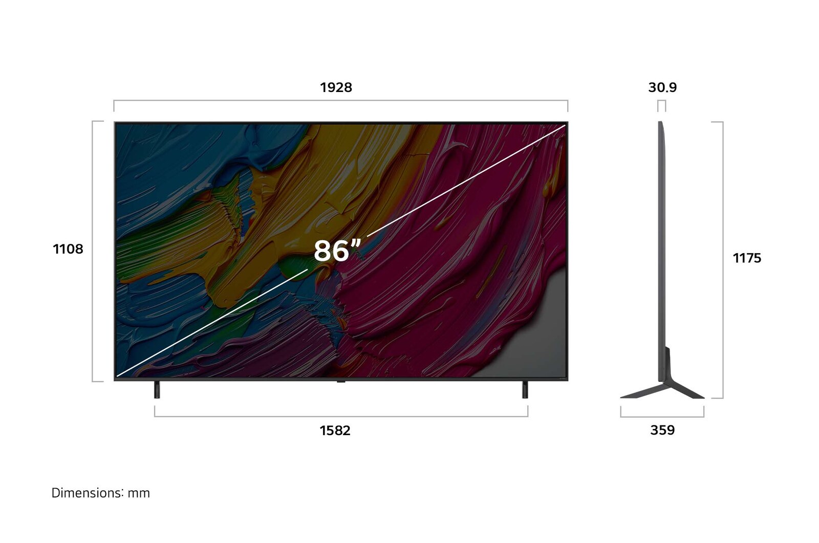 Vue avant et vue latérale du téléviseur smart 4K LG QNED AI QNED80, illustrant ses dimensions en longueur, largeur, hauteur et profondeur.