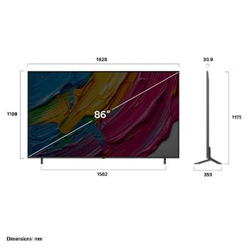 Vue avant et vue latérale du téléviseur smart 4K LG QNED AI QNED80, illustrant ses dimensions en longueur, largeur, hauteur et profondeur.