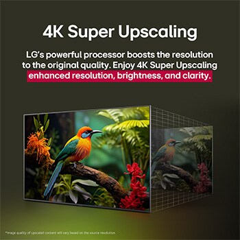 Comparaison avant/après de l’amélioration de la qualité d’image grâce au Super Upscaling 4K de LG. Deux panneaux montrant la même image d’un oiseau coloré assis sur une branche dans une forêt, le panneau de droite est estompé. Le titre explique comment le Super Upscaling 4K améliore la résolution, la luminosité et la clarté. 