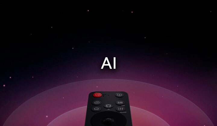 LG AI Magic Remote contre un fond abstrait. Le bouton AI est mis en évidence. Une interface graphique avec des icônes illustre comment le bouton AI permet aux utilisateurs d’accéder aux différentes fonctionnalités de l’intelligence artificielle. Les services incluent AI Voice ID, AI Search, AI Chatbot, AI Concierge, AI Picture Wizard et AI Sound Wizard. La fonctionnalité similaire à celle d’une souris est ensuite mise en avant, avec l’apparition du curseur sur une interface, montrant comment la télécommande offre des contrôles simplifiés.