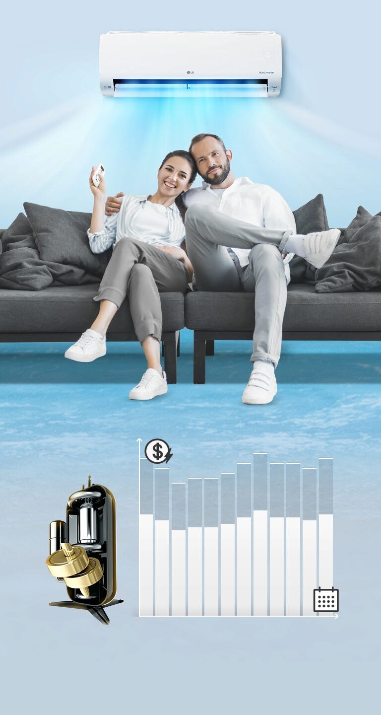 Un couple est assis sur un canapé avec le climatiseur derrière eux. La machine souffle de l’air bleu tandis que le couple sourit sereinement. Un graphique linéaire à droite montre combien d’économies peuvent être réalisées sur les frais d’électricité. Le graphique est accompagné d’un dessin de l’intérieur du climatiseur. Le graphique linéaire se déplace du haut vers le bas à mesure que le climatiseur économise de l’argent.