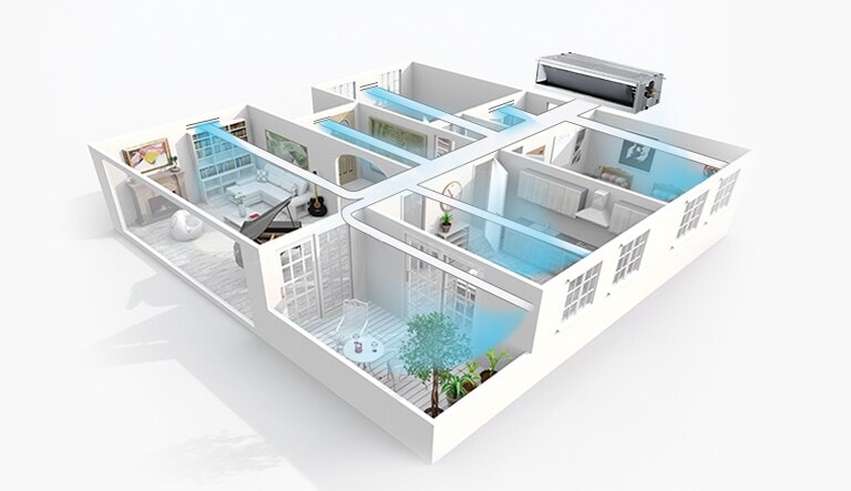 Le conduit intégré au plafond de LG émet un flux d’air visible bleu dans plusieurs pièces.