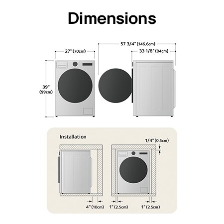 Schéma technique de dimensions et d'installation du lave-linge frontal LG : 27 po (70 cm) de largeur, 39 po (99 cm) de hauteur, 33 1/8 po (84 cm) de profondeur et 57 3/4 po (146,6 cm) porte ouverte, avec dégagements d'installation.