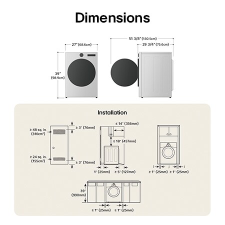 Dessin technique du sécheuse LG : L 27 po (68,6 cm), H 39 po (98,9 cm), P 29 3/4 po (75,6 cm) (porte ouverte 51 3/8 po/130,5 cm), dégagements incl.