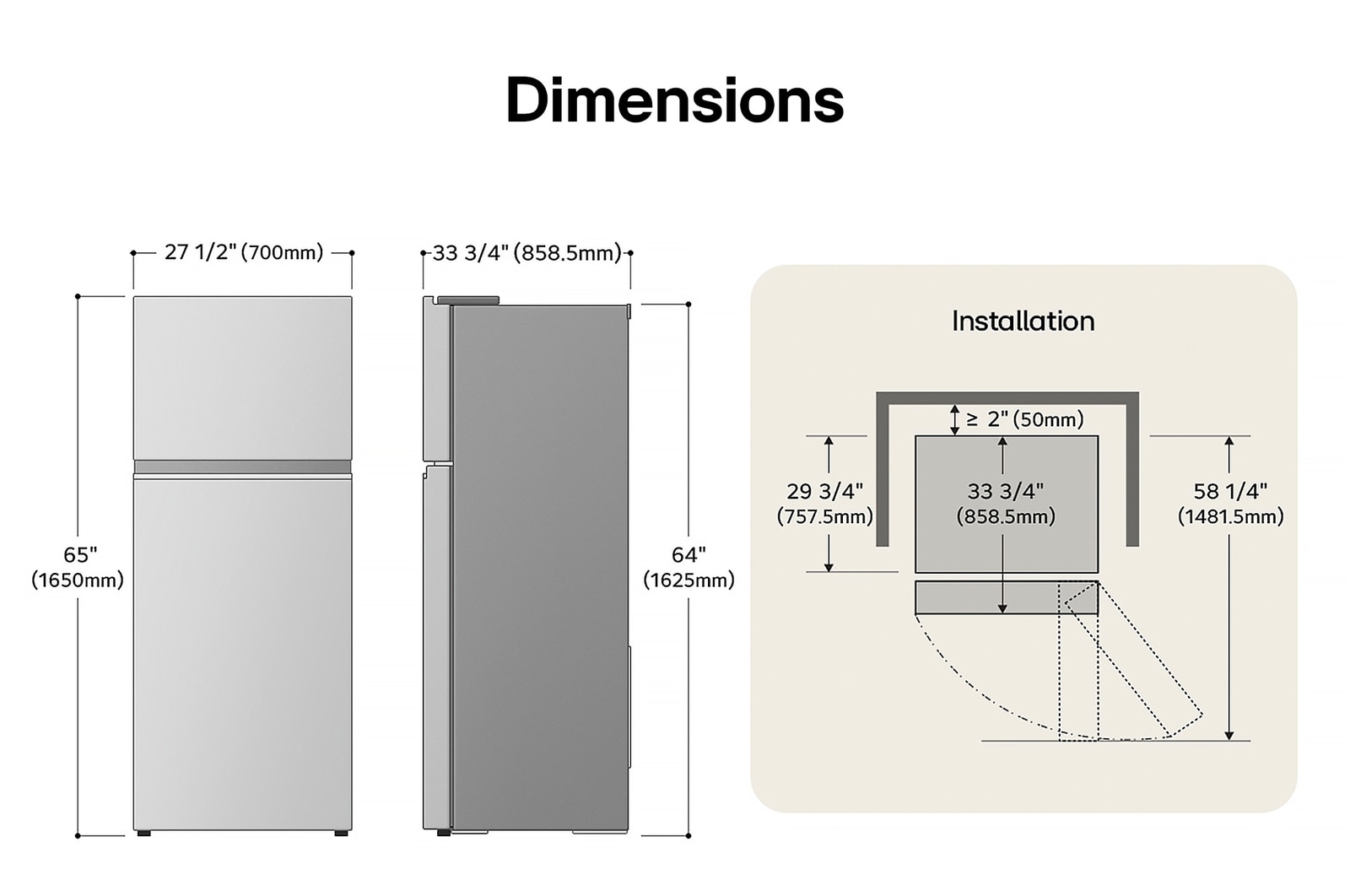 Dessin technique du réfrigérateur à congélateur supérieur LG LT18S2100S : H 65 po (1650 mm), L 27 1/2 po (700 mm), P 33 3/4 po (858,5 mm), dégagements incl.
