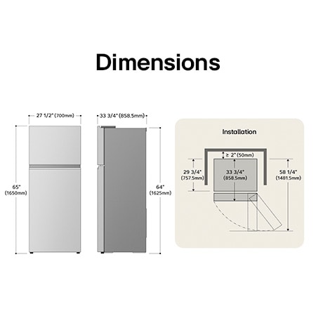 Dessin technique du réfrigérateur à congélateur supérieur LG LT18S2100S : H 65 po (1650 mm), L 27 1/2 po (700 mm), P 33 3/4 po (858,5 mm), dégagements incl.