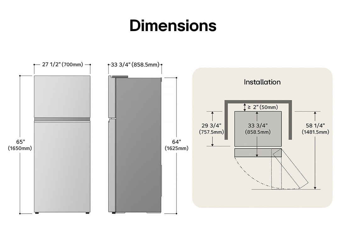 Dessin technique du réfrigérateur à congélateur supérieur LG LT18S2100W : H 65 po (1650 mm), L 27 1/2 po (700 mm), P 33 3/4 po (858,5 mm), dégagements incl.