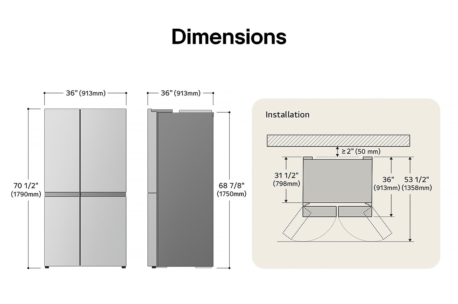 Dessin technique du réfrigérateur côte à côte LG LS29S3230V : H 70 1/2 po (1790 mm), L 36 po (913 mm), P 36 po (913 mm), dégagements incl.