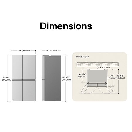 Dessin technique du réfrigérateur côte à côte LG LS29S3230V : H 70 1/2 po (1790 mm), L 36 po (913 mm), P 36 po (913 mm), dégagements incl.