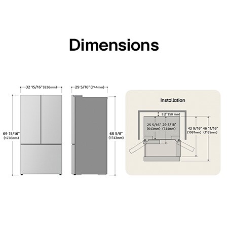 Dessin technique du réfrigérateur à portes françaises LG LF20C6330S : H 69 15/16 po (1776 mm), L 32 15/16 po (836 mm), P 29 5/16 po (744 mm), dégagements incl.