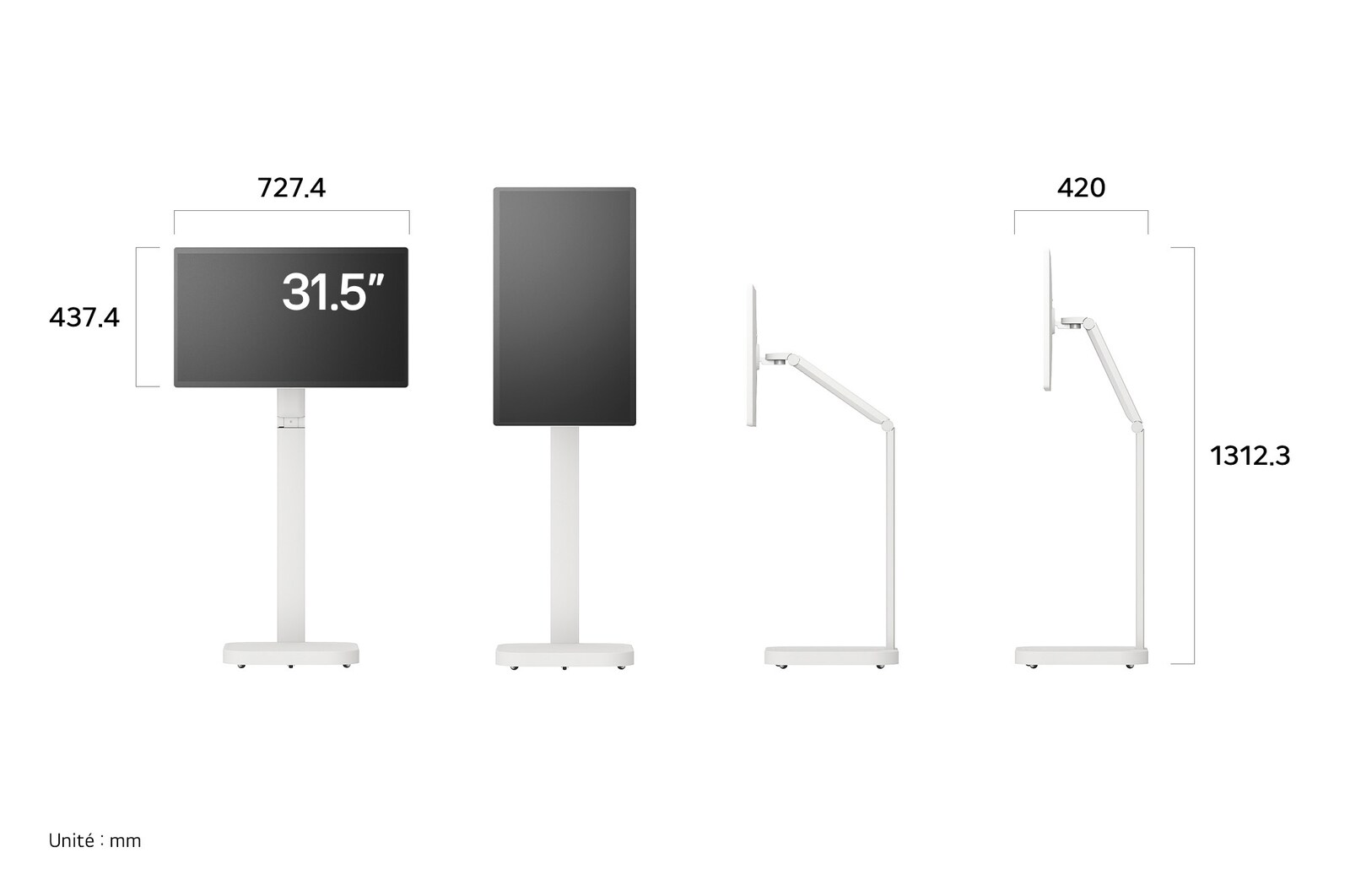 Moniteur LG 32U889SA-W au fini blanc affichant les dimensions du produit sous divers profils, mesurant 727.4 mm de largeur, 437.4 mm de hauteur d'écran, 1312.3 mm de hauteur totale et 420 mm de profondeur.