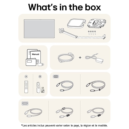 Moniteur LG 32U889SA-W affichant un aperçu de tous les composants fournis, incluant le corps du moniteur, les pièces du support ergonomique, le manuel, la télécommande et les câbles HDMI, DP et USB-C.