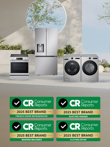 Gamme d’appareils de LG comprenant un réfrigérateur avec portes à deux battants, une cuisinière électrique, une laveuse et une sécheuse, présentés dans un cadre moderne avec des insignes « Meilleure marque » de Consumer Reports 2025 pour chaque catégorie affichée ci-dessous.