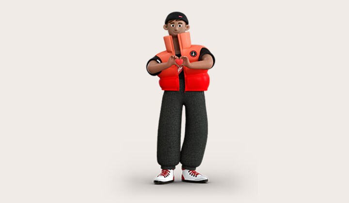 Personnage de marque de LG en 3D portant un gilet rouge, une chemise noire et des chaussures, faisant un cœur avec les mains, symbolisant le soin, le soutien et l’engagement de LG à aider ses clients.