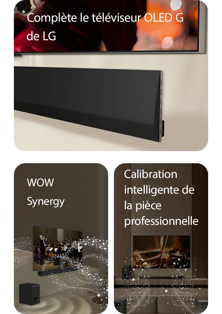 Vue en angle de la partie inférieure d’un téléviseur de LG et d’une barre de son LG, fixés au mur.   Barre de son LG et téléviseur de LG dans un salon jouant un concert d’orchestre. Des vagues blanches formées de gouttelettes représentant des ondes sonores jaillissent vers le haut et vers l’avant de la barre de son et sont projetées par le téléviseur, tandis que le caisson de basses crée un effet sonore à partir du bas.