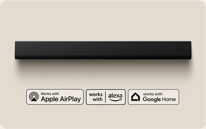 Vue aérienne d’une barre de son LG. Logo d’Apple AirPlay Logo d’Amazon Alexa Logo de Google Home