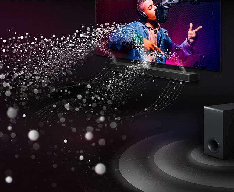 Barre de son LG et téléviseur de LG dans une pièce sombre jouant un spectacle de musique. Des gouttelettes blanches représentant des ondes sonores jaillissent vers le haut et vers l’avant de la barre de son. Un caisson de basses crée un effet sonore à partir du bas.