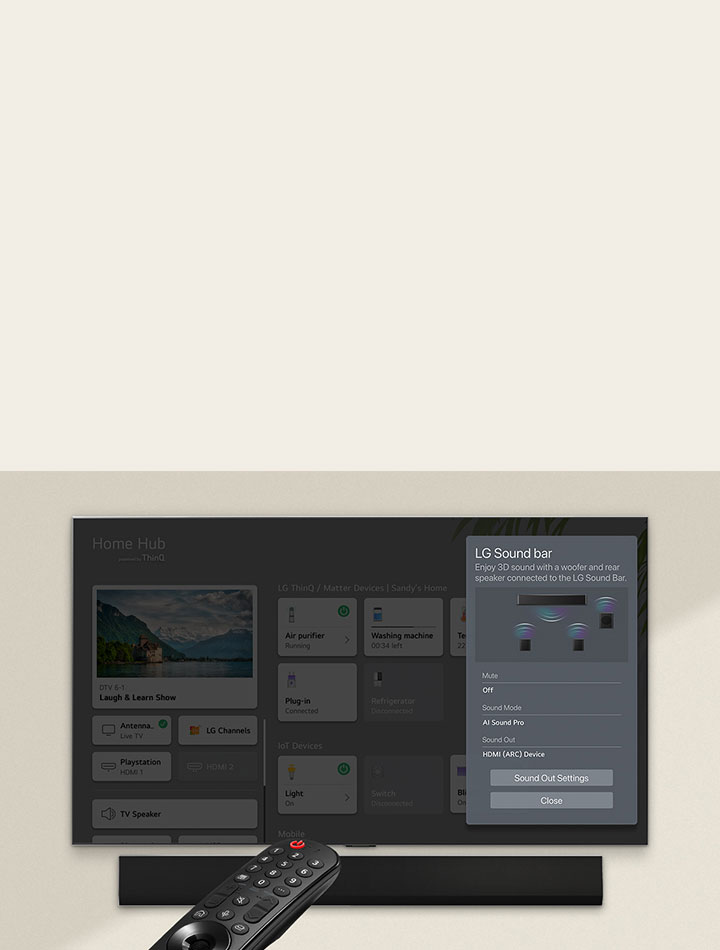 LG Remote is pointing towards a LG TV with LG Soundbar underneath. LG TV is showing the WOW Interface menu on the screen.