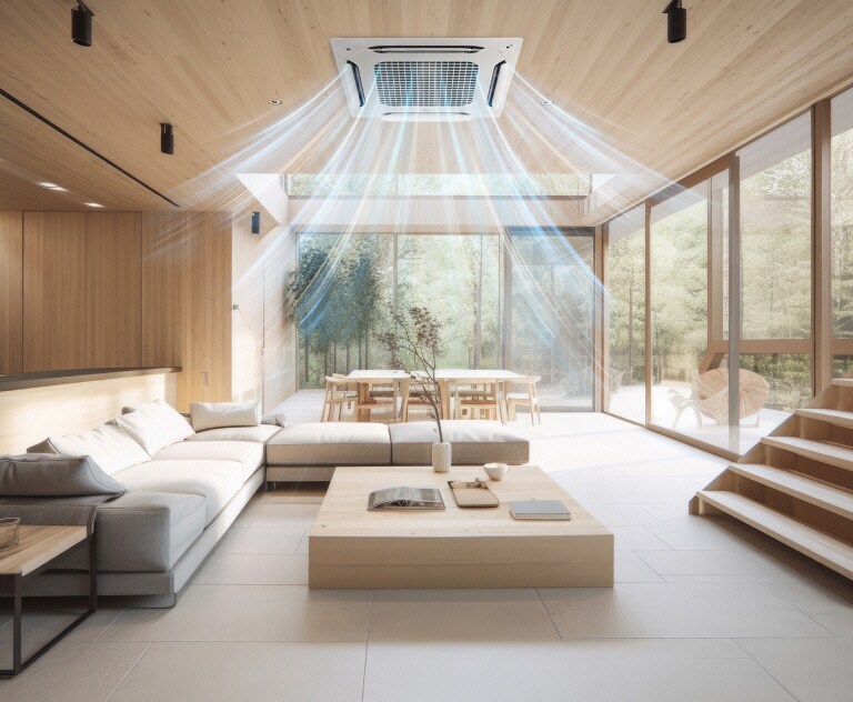 An LG Ceiling Mounted Cassette circulates visible airflow in a spacious, warm-toned living room filled with a sofa, table, and trees.