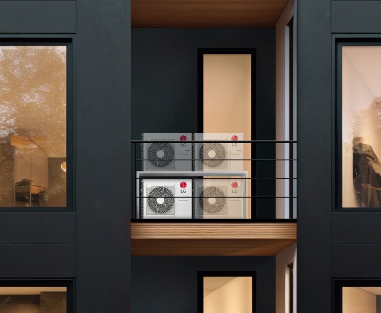 On the compact balcony of the apartment, a 2X2 layout of an LG Smart Inverter outdoor unit are installed.