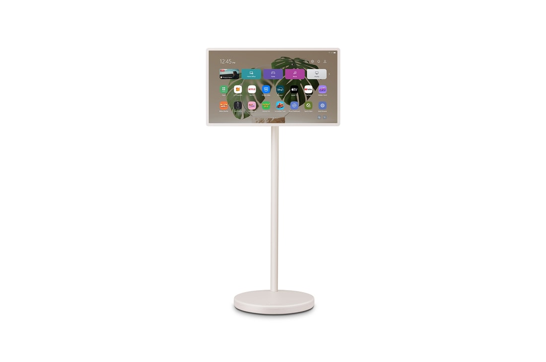 Vue de face du LG StanbyME 2 sur son support.