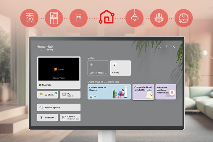 L'écran du LG Smart Monitor Swing affiche l'interface du ThinQ Home Dashboard.