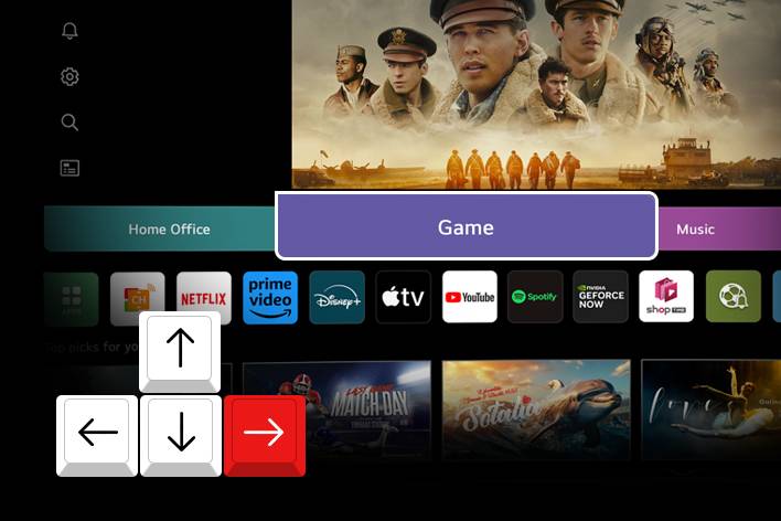 Une icône de clavier avec des touches fléchées s’affiche sur l’écran webOS.