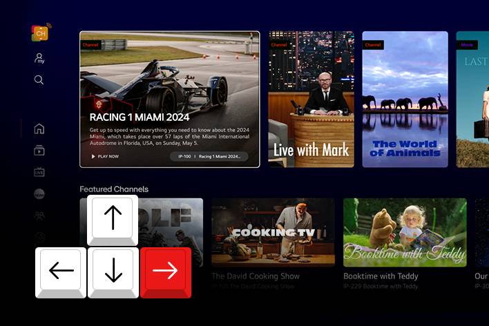 Au-dessus de l’écran LG Channel, une icône de clavier avec les touches fléchées est affichée.