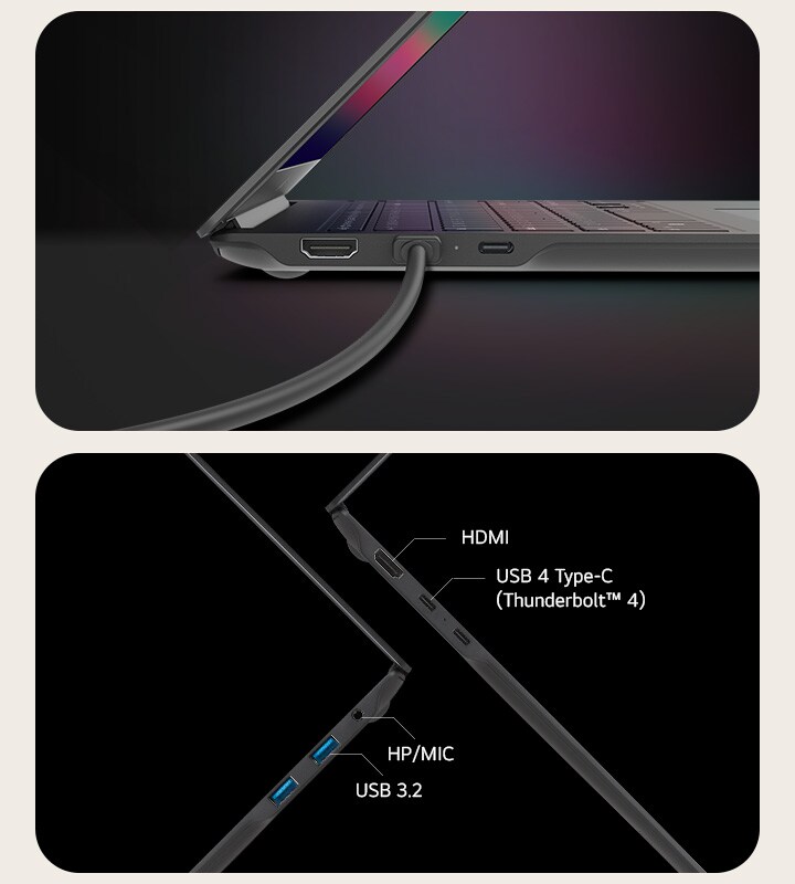 HDMI, USB 4 Type-C (ThunderboltMC 4), HP/MIC, USB 3.2.	