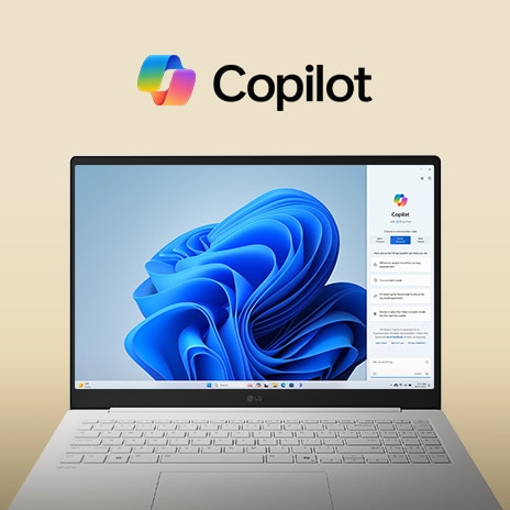 Un ordinateur portable affichant le logo Windows Copilot au-dessus de l’écran et l’interface Windows Copilot sur l’affichage, mettant en avant un design élégant avec un grand écran et l’interface Windows 11 en arrière-plan.