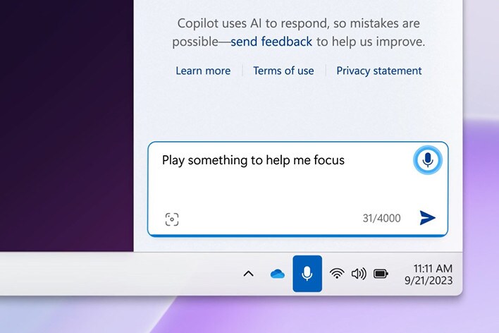 L'image montre une boîte de saisie de l'assistant numérique où l'utilisateur tape : "Jouez quelque chose pour m'aider à me concentrer." Elle fait partie d'une interface de barre des tâches Windows, avec des icônes système standard en dessous, indiquant une demande de musique pour la concentration.